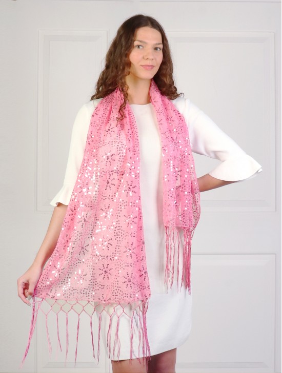 Sequined Flower Mesh Scarf W/ Fringe